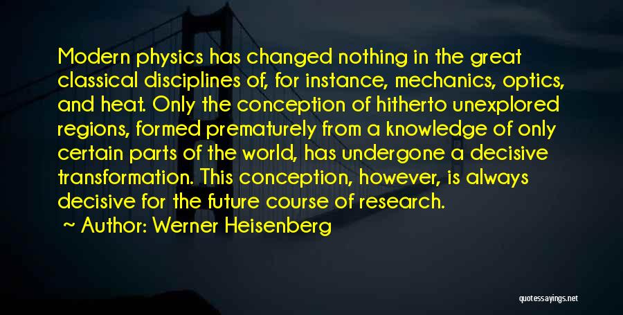 Werner Heisenberg Quotes: Modern Physics Has Changed Nothing In The Great Classical Disciplines Of, For Instance, Mechanics, Optics, And Heat. Only The Conception