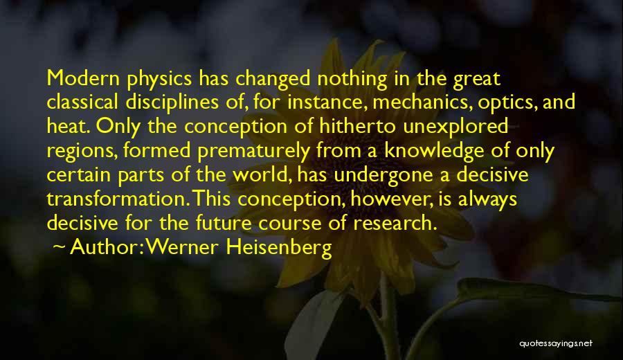 Werner Heisenberg Quotes: Modern Physics Has Changed Nothing In The Great Classical Disciplines Of, For Instance, Mechanics, Optics, And Heat. Only The Conception