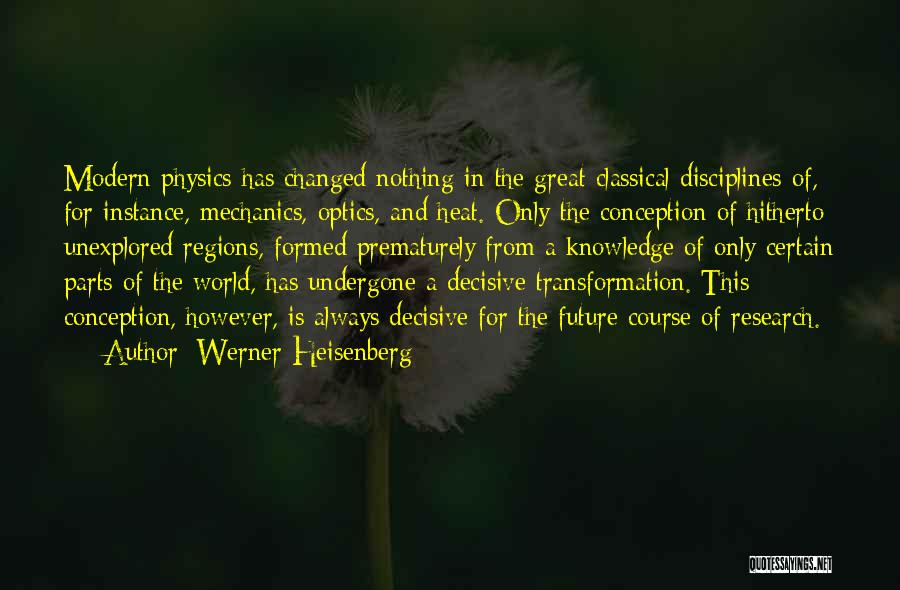 Werner Heisenberg Quotes: Modern Physics Has Changed Nothing In The Great Classical Disciplines Of, For Instance, Mechanics, Optics, And Heat. Only The Conception