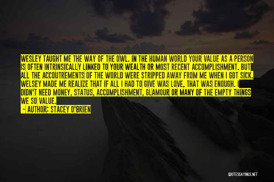 Stacey O'Brien Quotes: Wesley Taught Me The Way Of The Owl. In The Human World Your Value As A Person Is Often Intrinsically