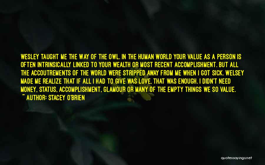 Stacey O'Brien Quotes: Wesley Taught Me The Way Of The Owl. In The Human World Your Value As A Person Is Often Intrinsically