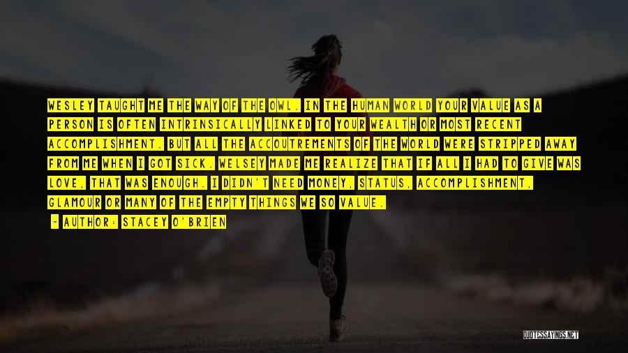 Stacey O'Brien Quotes: Wesley Taught Me The Way Of The Owl. In The Human World Your Value As A Person Is Often Intrinsically