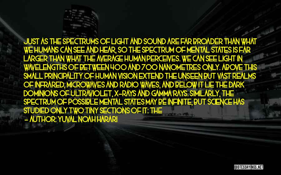 Yuval Noah Harari Quotes: Just As The Spectrums Of Light And Sound Are Far Broader Than What We Humans Can See And Hear, So