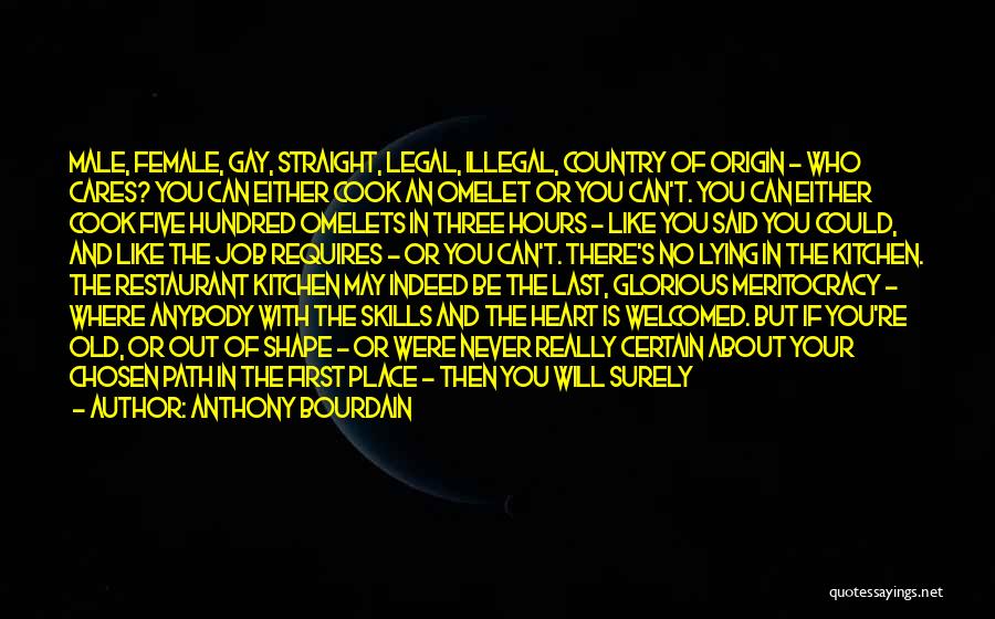 Anthony Bourdain Quotes: Male, Female, Gay, Straight, Legal, Illegal, Country Of Origin - Who Cares? You Can Either Cook An Omelet Or You