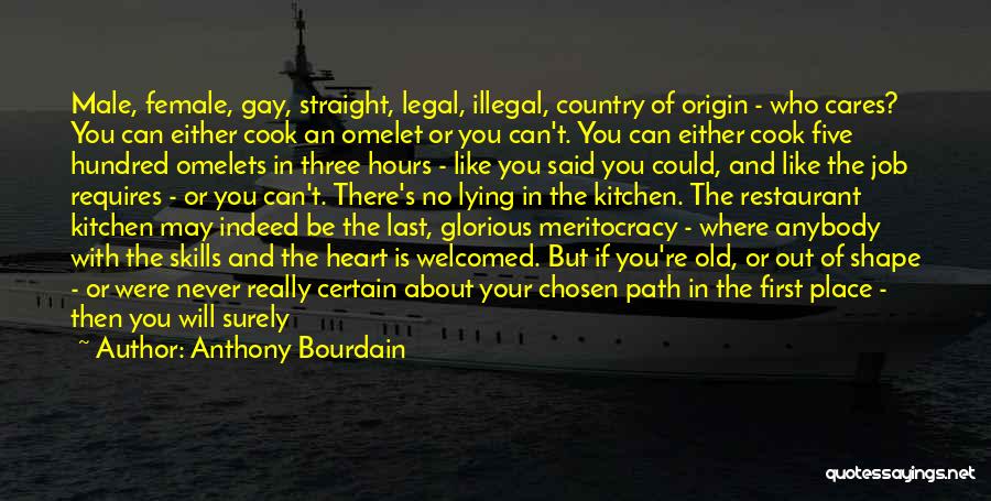 Anthony Bourdain Quotes: Male, Female, Gay, Straight, Legal, Illegal, Country Of Origin - Who Cares? You Can Either Cook An Omelet Or You