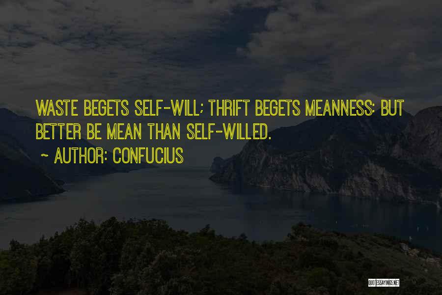 Confucius Quotes: Waste Begets Self-will; Thrift Begets Meanness: But Better Be Mean Than Self-willed.