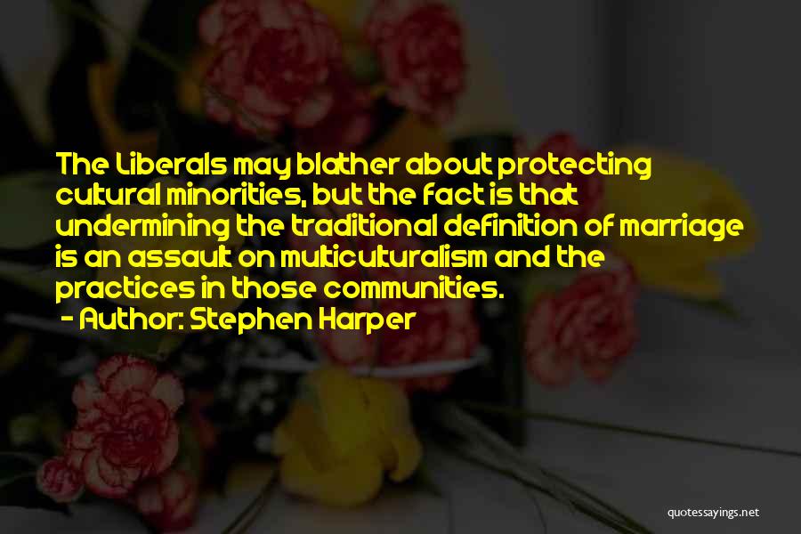 Stephen Harper Quotes: The Liberals May Blather About Protecting Cultural Minorities, But The Fact Is That Undermining The Traditional Definition Of Marriage Is