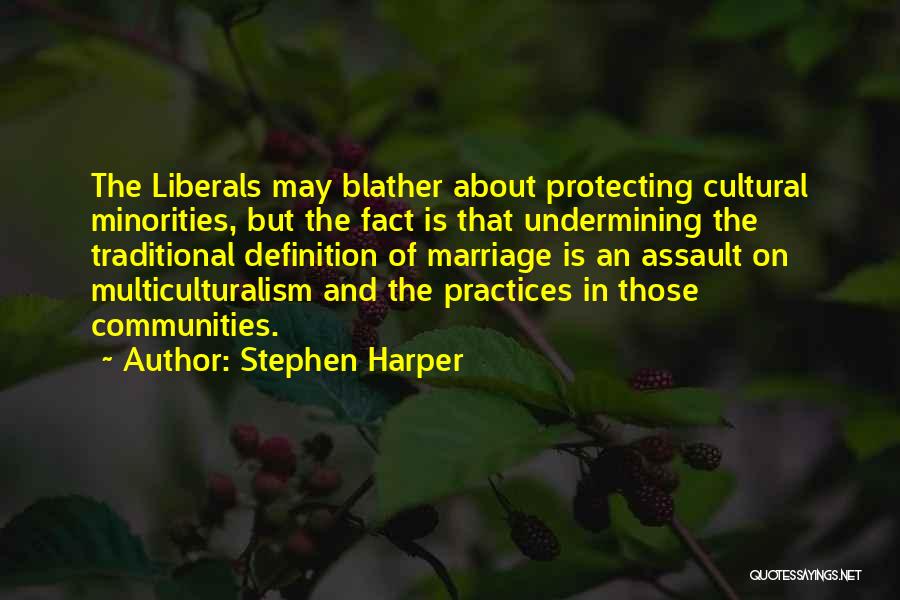 Stephen Harper Quotes: The Liberals May Blather About Protecting Cultural Minorities, But The Fact Is That Undermining The Traditional Definition Of Marriage Is