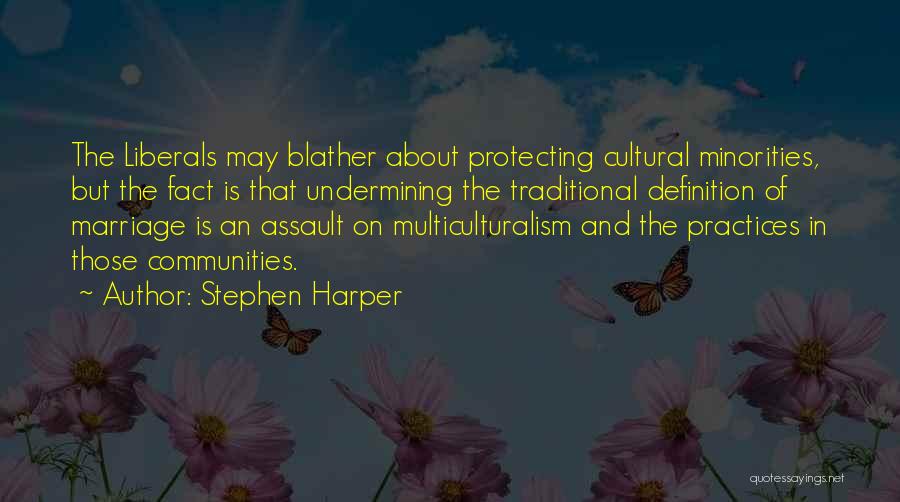 Stephen Harper Quotes: The Liberals May Blather About Protecting Cultural Minorities, But The Fact Is That Undermining The Traditional Definition Of Marriage Is