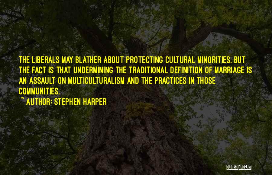Stephen Harper Quotes: The Liberals May Blather About Protecting Cultural Minorities, But The Fact Is That Undermining The Traditional Definition Of Marriage Is