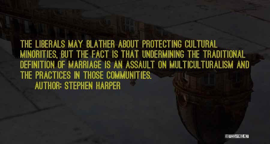 Stephen Harper Quotes: The Liberals May Blather About Protecting Cultural Minorities, But The Fact Is That Undermining The Traditional Definition Of Marriage Is