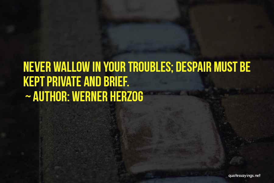 Werner Herzog Quotes: Never Wallow In Your Troubles; Despair Must Be Kept Private And Brief.