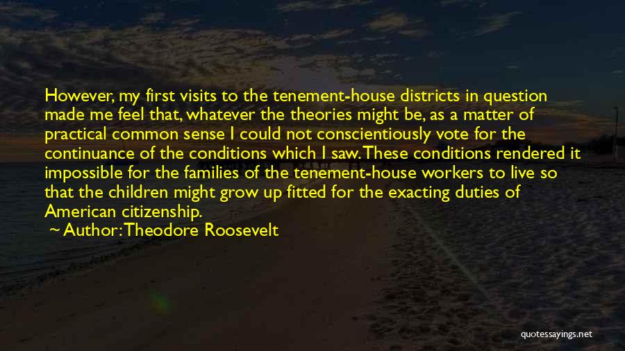 Theodore Roosevelt Quotes: However, My First Visits To The Tenement-house Districts In Question Made Me Feel That, Whatever The Theories Might Be, As