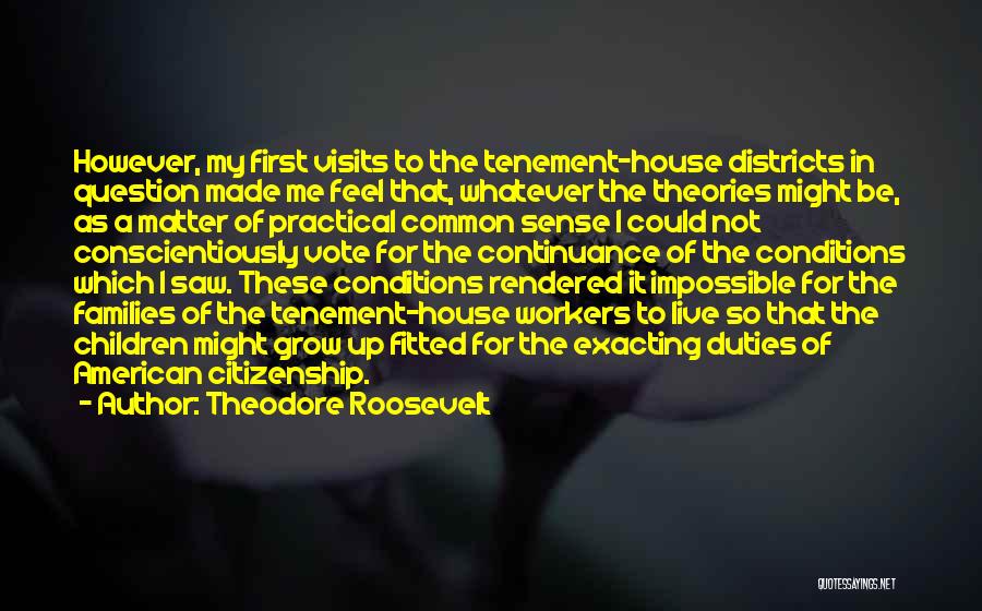 Theodore Roosevelt Quotes: However, My First Visits To The Tenement-house Districts In Question Made Me Feel That, Whatever The Theories Might Be, As