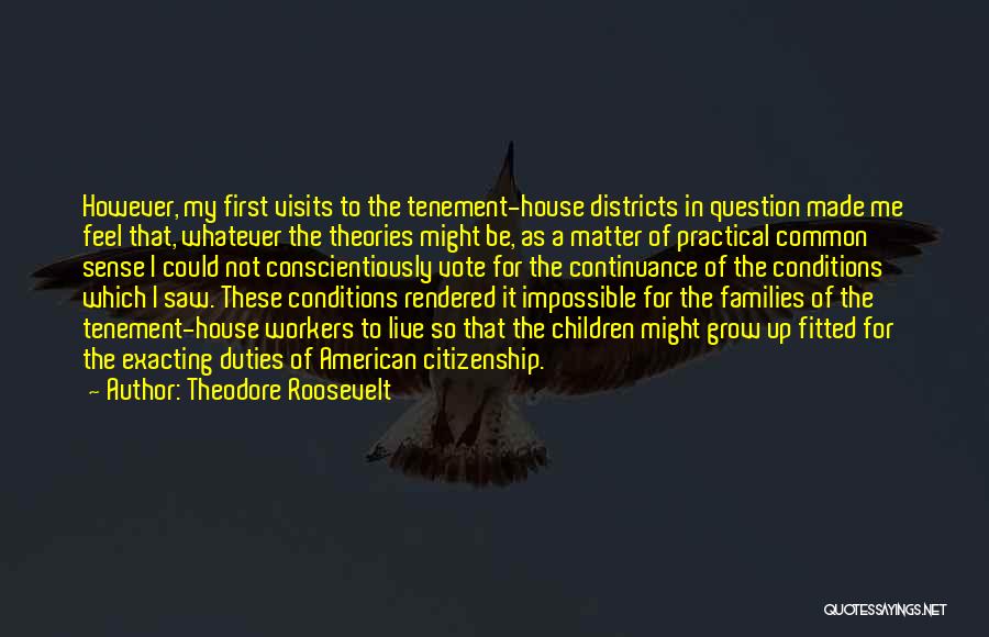 Theodore Roosevelt Quotes: However, My First Visits To The Tenement-house Districts In Question Made Me Feel That, Whatever The Theories Might Be, As