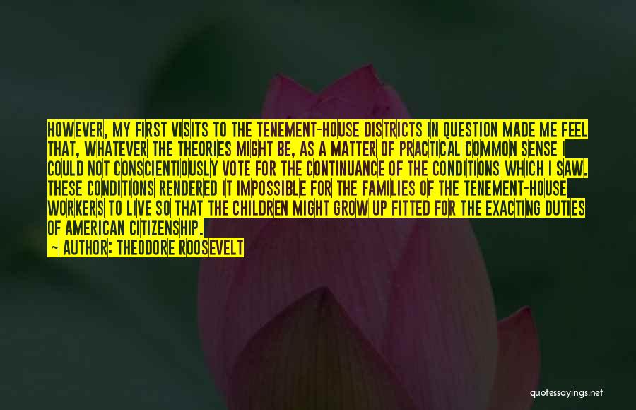 Theodore Roosevelt Quotes: However, My First Visits To The Tenement-house Districts In Question Made Me Feel That, Whatever The Theories Might Be, As
