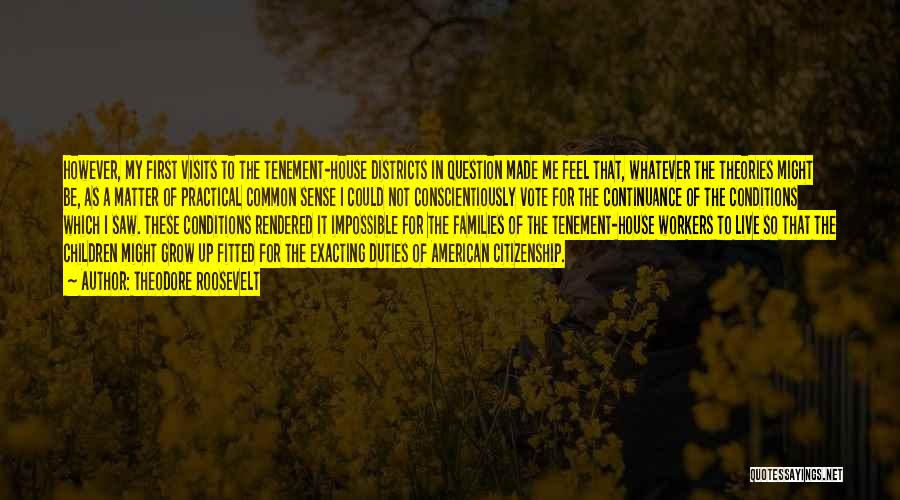 Theodore Roosevelt Quotes: However, My First Visits To The Tenement-house Districts In Question Made Me Feel That, Whatever The Theories Might Be, As