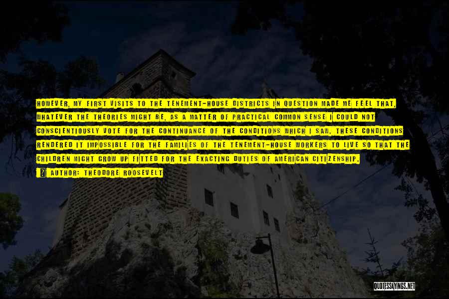Theodore Roosevelt Quotes: However, My First Visits To The Tenement-house Districts In Question Made Me Feel That, Whatever The Theories Might Be, As