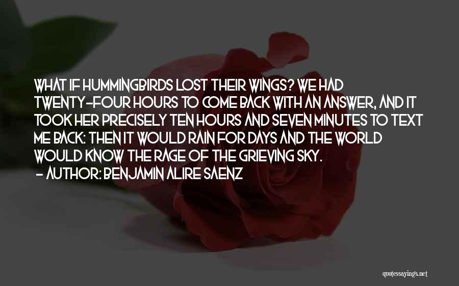 Benjamin Alire Saenz Quotes: What If Hummingbirds Lost Their Wings? We Had Twenty-four Hours To Come Back With An Answer, And It Took Her