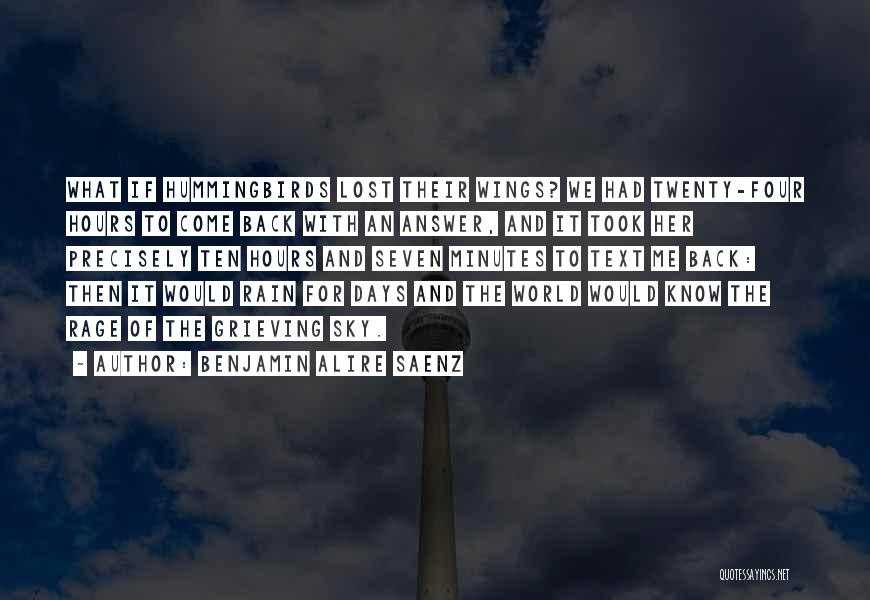 Benjamin Alire Saenz Quotes: What If Hummingbirds Lost Their Wings? We Had Twenty-four Hours To Come Back With An Answer, And It Took Her