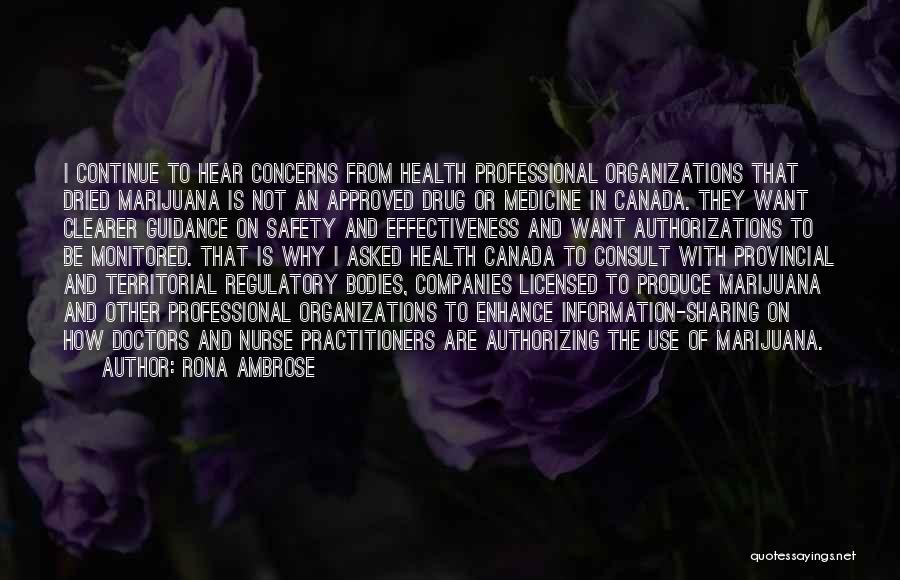 Rona Ambrose Quotes: I Continue To Hear Concerns From Health Professional Organizations That Dried Marijuana Is Not An Approved Drug Or Medicine In