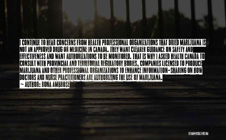 Rona Ambrose Quotes: I Continue To Hear Concerns From Health Professional Organizations That Dried Marijuana Is Not An Approved Drug Or Medicine In