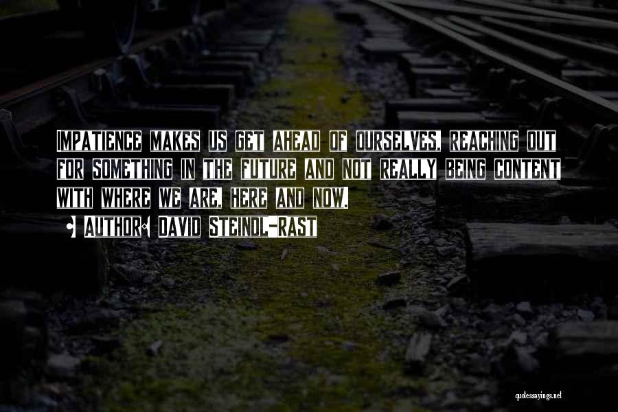 David Steindl-Rast Quotes: Impatience Makes Us Get Ahead Of Ourselves, Reaching Out For Something In The Future And Not Really Being Content With
