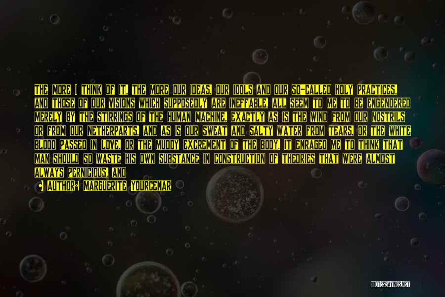 Marguerite Yourcenar Quotes: The More I Think Of It, The More Our Ideas, Our Idols And Our So-called Holy Practices, And Those Of