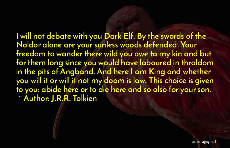 J.R.R. Tolkien Quotes: I Will Not Debate With You Dark Elf. By The Swords Of The Noldor Alone Are Your Sunless Woods Defended.