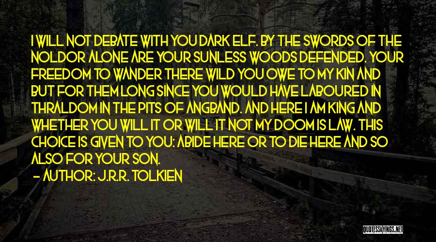 J.R.R. Tolkien Quotes: I Will Not Debate With You Dark Elf. By The Swords Of The Noldor Alone Are Your Sunless Woods Defended.