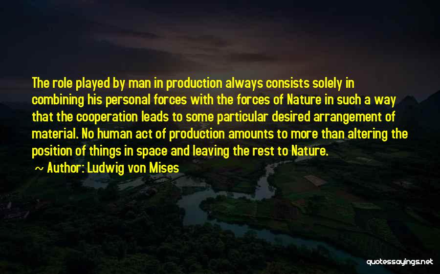 Ludwig Von Mises Quotes: The Role Played By Man In Production Always Consists Solely In Combining His Personal Forces With The Forces Of Nature