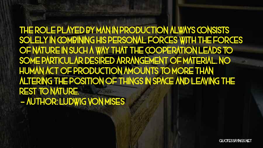 Ludwig Von Mises Quotes: The Role Played By Man In Production Always Consists Solely In Combining His Personal Forces With The Forces Of Nature