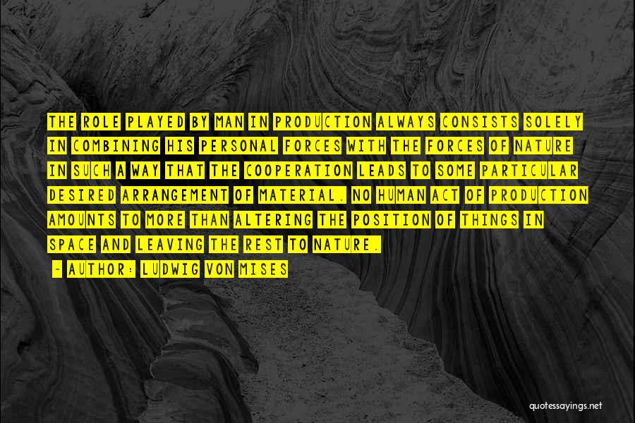 Ludwig Von Mises Quotes: The Role Played By Man In Production Always Consists Solely In Combining His Personal Forces With The Forces Of Nature