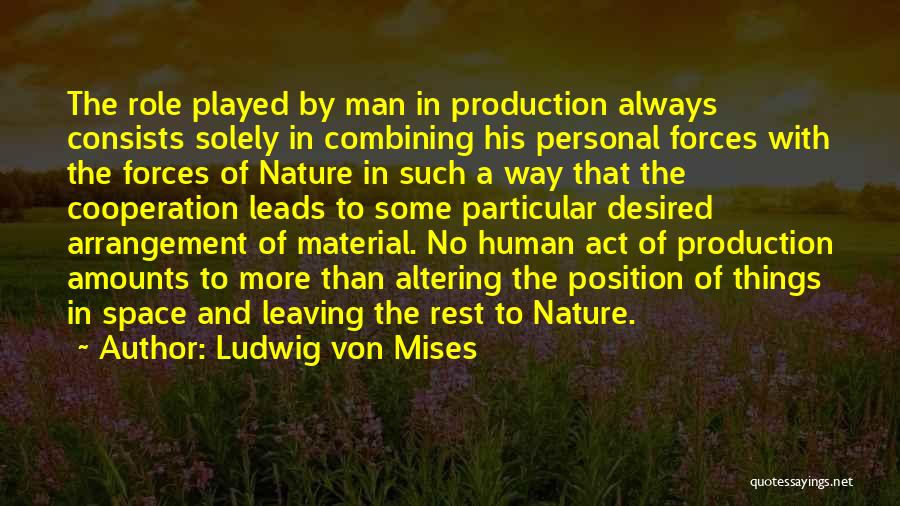 Ludwig Von Mises Quotes: The Role Played By Man In Production Always Consists Solely In Combining His Personal Forces With The Forces Of Nature