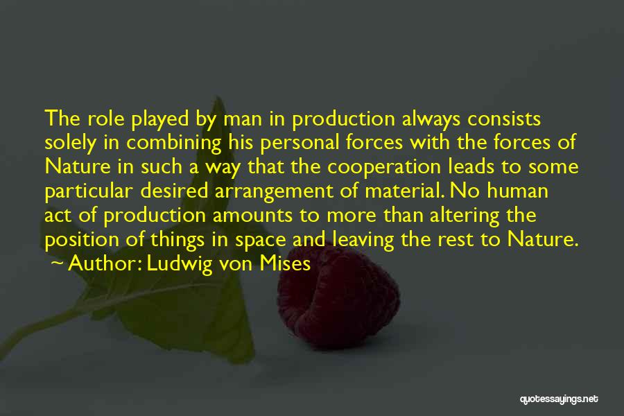 Ludwig Von Mises Quotes: The Role Played By Man In Production Always Consists Solely In Combining His Personal Forces With The Forces Of Nature