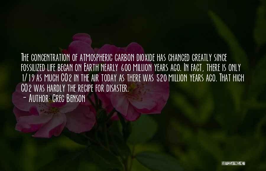 Greg Benson Quotes: The Concentration Of Atmospheric Carbon Dioxide Has Changed Greatly Since Fossilized Life Began On Earth Nearly 600 Million Years Ago.