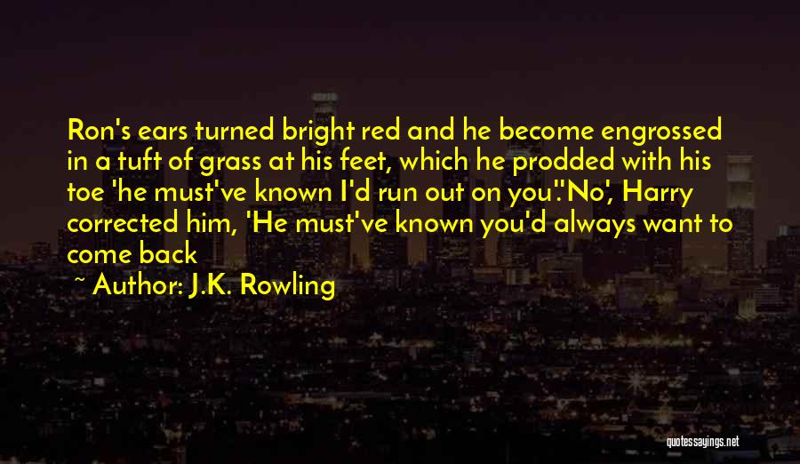 J.K. Rowling Quotes: Ron's Ears Turned Bright Red And He Become Engrossed In A Tuft Of Grass At His Feet, Which He Prodded