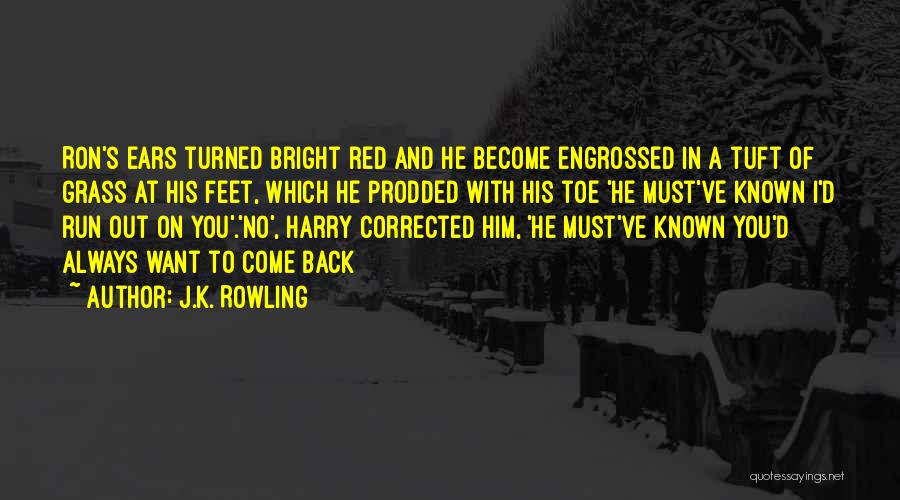 J.K. Rowling Quotes: Ron's Ears Turned Bright Red And He Become Engrossed In A Tuft Of Grass At His Feet, Which He Prodded