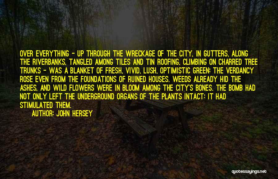 John Hersey Quotes: Over Everything - Up Through The Wreckage Of The City, In Gutters, Along The Riverbanks, Tangled Among Tiles And Tin