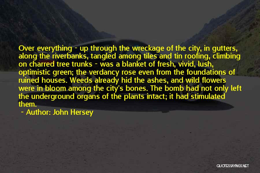 John Hersey Quotes: Over Everything - Up Through The Wreckage Of The City, In Gutters, Along The Riverbanks, Tangled Among Tiles And Tin