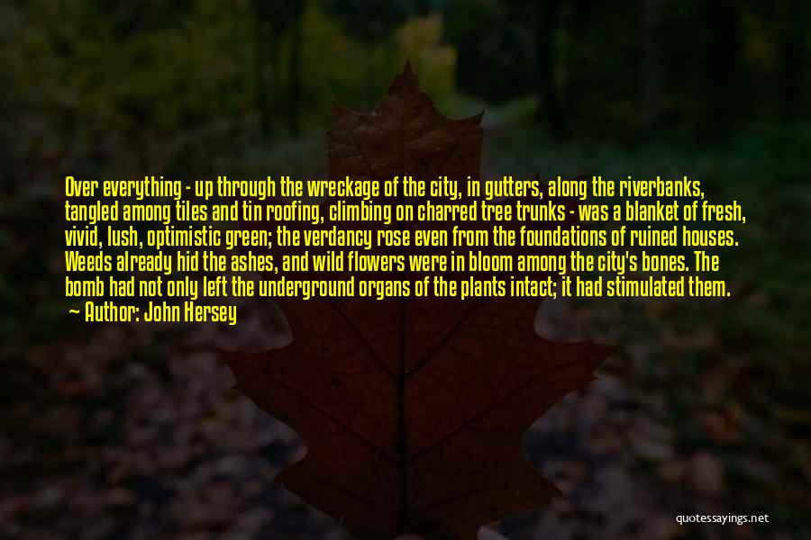 John Hersey Quotes: Over Everything - Up Through The Wreckage Of The City, In Gutters, Along The Riverbanks, Tangled Among Tiles And Tin