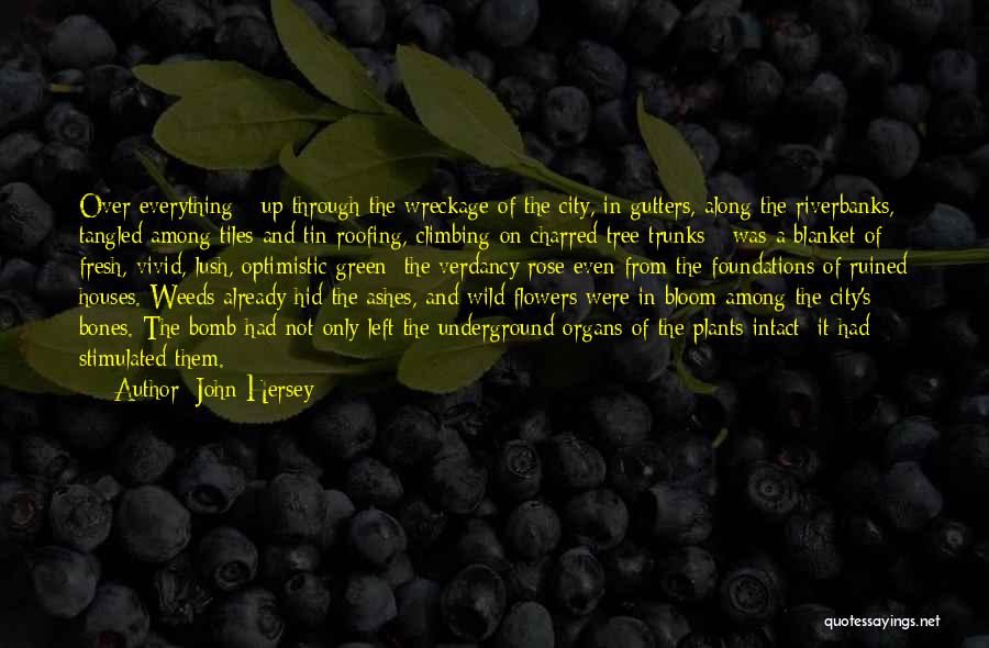 John Hersey Quotes: Over Everything - Up Through The Wreckage Of The City, In Gutters, Along The Riverbanks, Tangled Among Tiles And Tin