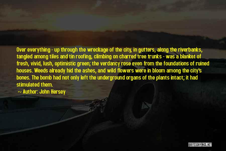 John Hersey Quotes: Over Everything - Up Through The Wreckage Of The City, In Gutters, Along The Riverbanks, Tangled Among Tiles And Tin