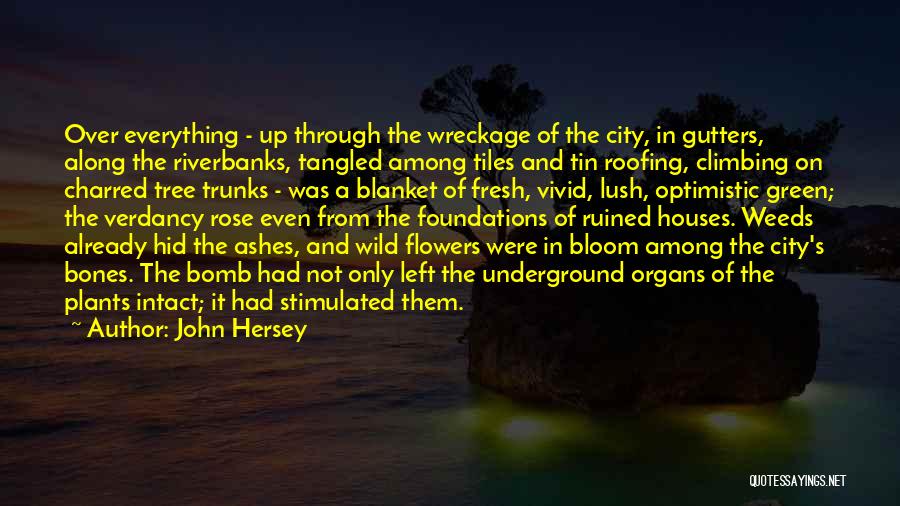 John Hersey Quotes: Over Everything - Up Through The Wreckage Of The City, In Gutters, Along The Riverbanks, Tangled Among Tiles And Tin