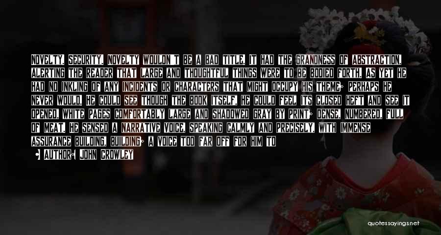 John Crowley Quotes: Novelty. Security. Novelty Wouldn't Be A Bad Title. It Had The Grandness Of Abstraction, Alerting The Reader That Large And