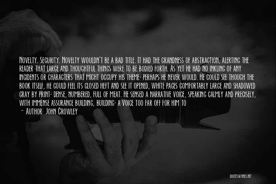 John Crowley Quotes: Novelty. Security. Novelty Wouldn't Be A Bad Title. It Had The Grandness Of Abstraction, Alerting The Reader That Large And