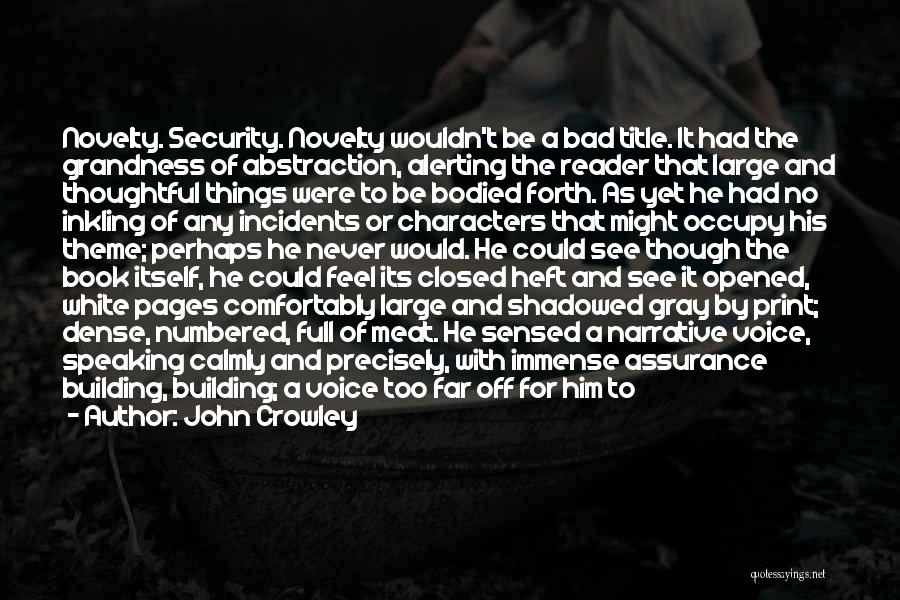 John Crowley Quotes: Novelty. Security. Novelty Wouldn't Be A Bad Title. It Had The Grandness Of Abstraction, Alerting The Reader That Large And