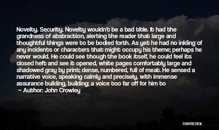 John Crowley Quotes: Novelty. Security. Novelty Wouldn't Be A Bad Title. It Had The Grandness Of Abstraction, Alerting The Reader That Large And