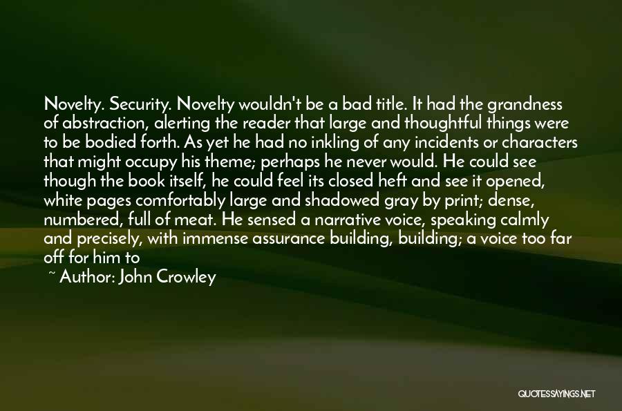 John Crowley Quotes: Novelty. Security. Novelty Wouldn't Be A Bad Title. It Had The Grandness Of Abstraction, Alerting The Reader That Large And