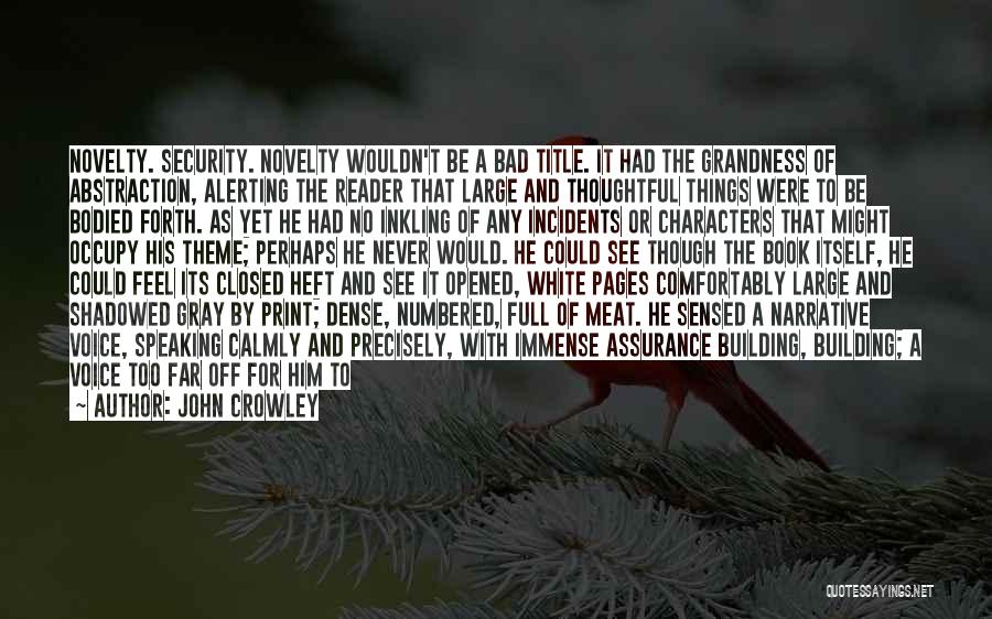 John Crowley Quotes: Novelty. Security. Novelty Wouldn't Be A Bad Title. It Had The Grandness Of Abstraction, Alerting The Reader That Large And